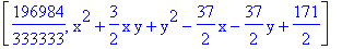 [196984/333333, x^2+3/2*x*y+y^2-37/2*x-37/2*y+171/2]
